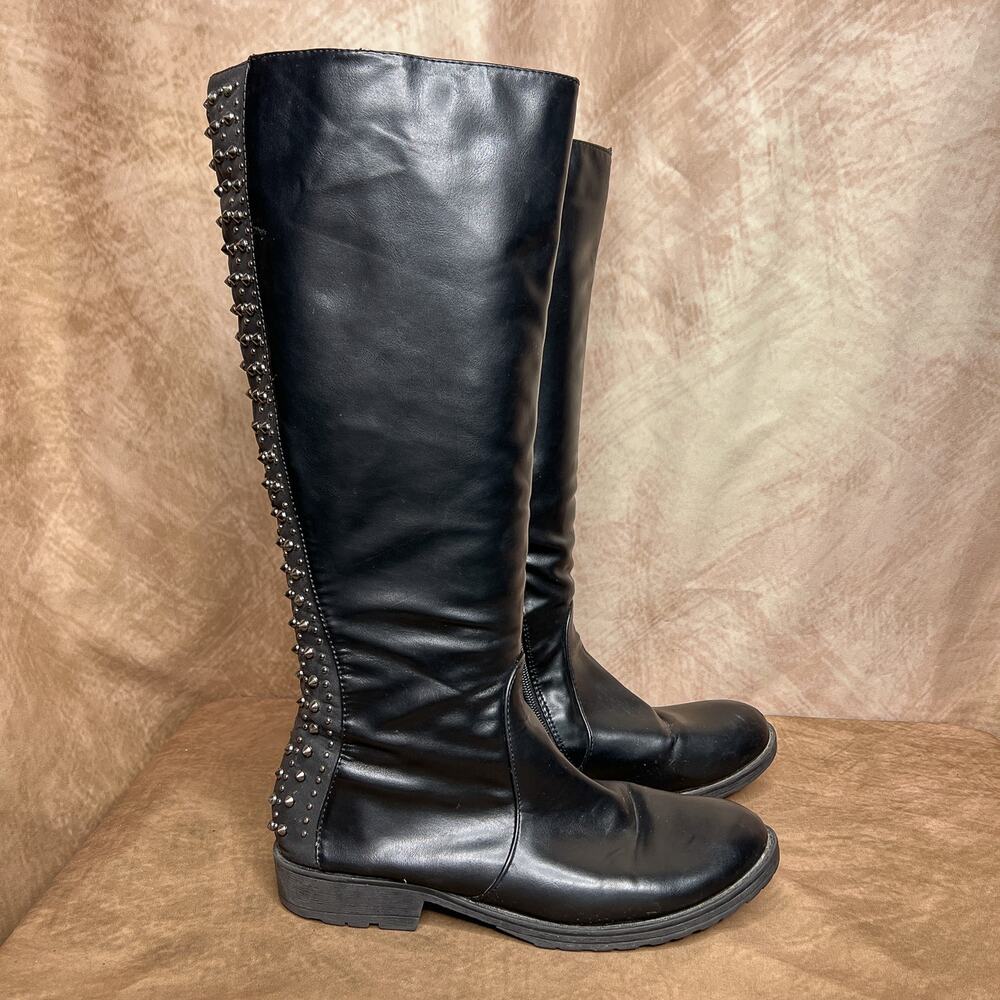 Y2K Studded Boots Black Faux Leather Calf High Zip Up Goth Moto Indie Sleaze